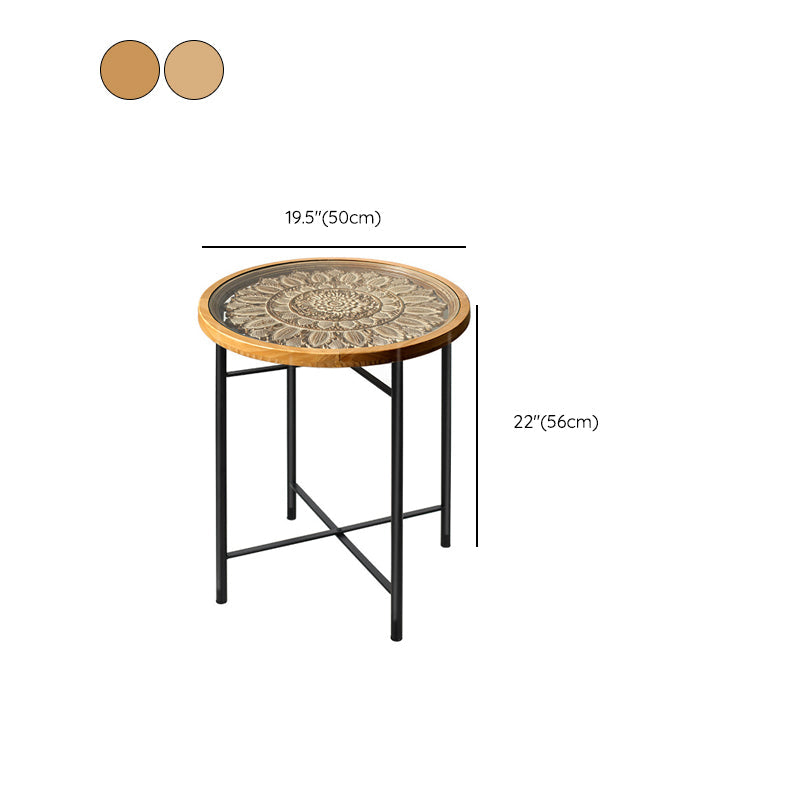 Dia 19.7" Cross Legs End Table Distressed Wood Side Table with Engraved Design Clearhalo 'Coffee & Accent Tables' 'End & Side Tables' 'end_side_tables' 'furn' 'furn_end_side_tables' 'Furniture' 'Living Room Furniture' 7488976