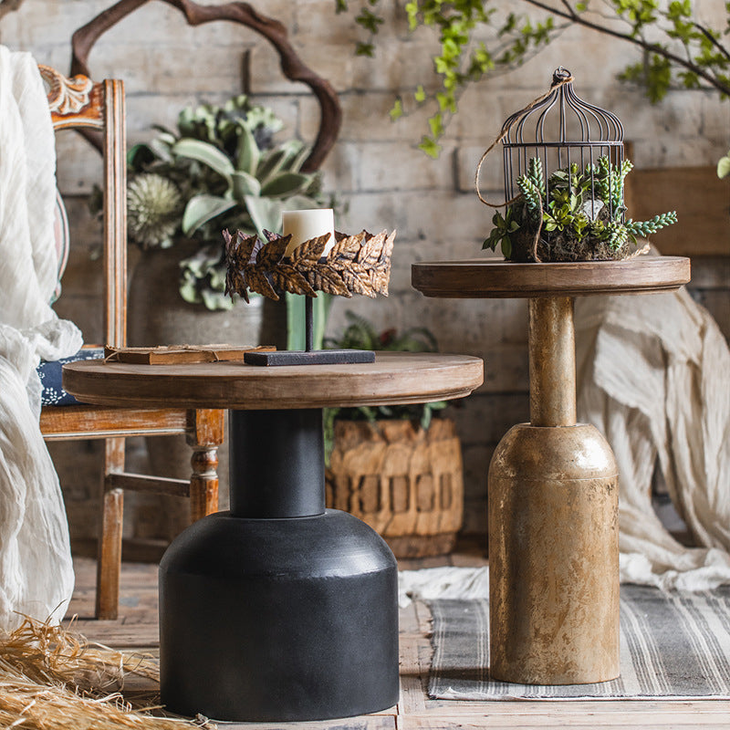 French Country Round Wood Side Table Distressed Wood & Metal Pedestal End Table Clearhalo 'Coffee & Accent Tables' 'End & Side Tables' 'end_side_tables' 'furn' 'furn_end_side_tables' 'Furniture' 'Living Room Furniture' 7488980