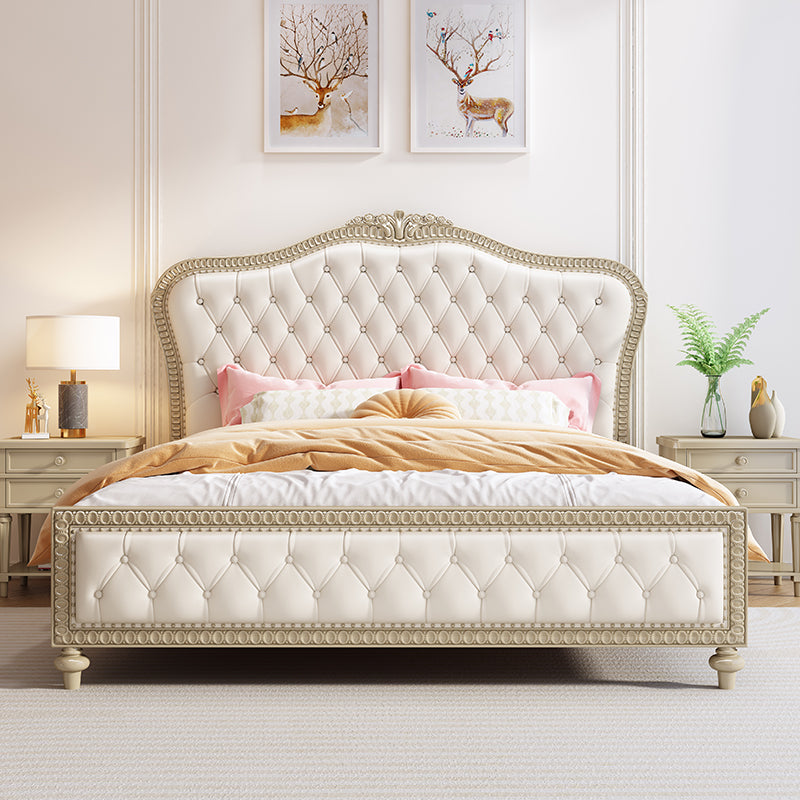 Victorian Standard Bed Upholstered Headboard White Tufted Panel Bed