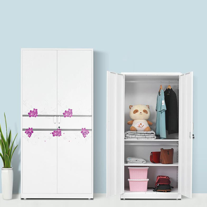 Modern Armoire Steel 2 Doors White Small Wardrobe Armoire with Lock Purple Flower Clearhalo 'Armoires & Wardrobes' 'armoires_wardrobes' 'Bedroom Furniture' 'furn' 'furn_armoires_wardrobes' 'Furniture' 7497660