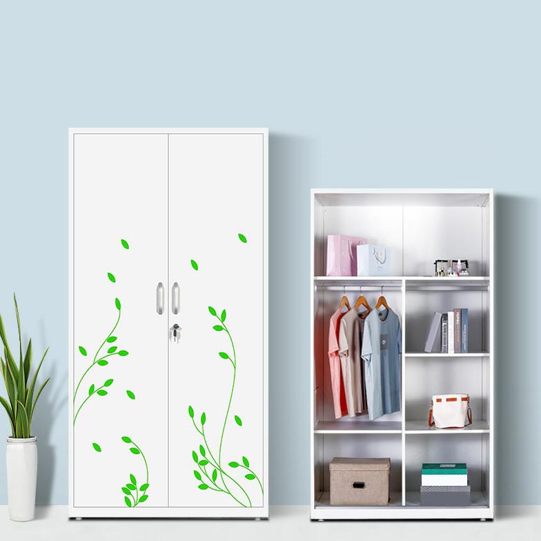 Modern Armoire Steel 2 Doors White Small Wardrobe Armoire with Lock Green Leaf Clearhalo 'Armoires & Wardrobes' 'armoires_wardrobes' 'Bedroom Furniture' 'furn' 'furn_armoires_wardrobes' 'Furniture' 7497667
