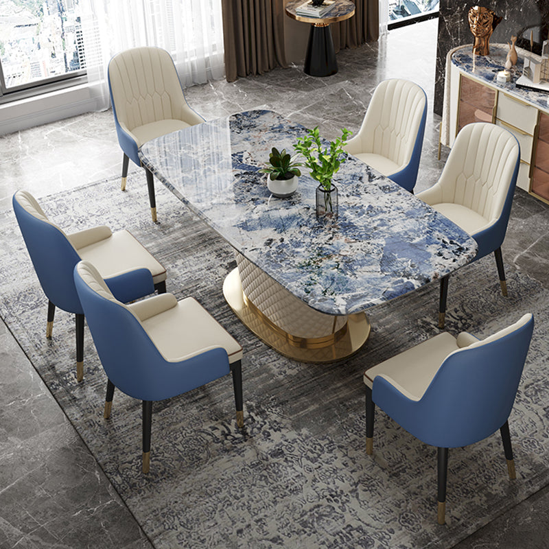 Rectangle Pedestal Dinette Table Traditional Luxury Faux Marble Dinner Room Table Blue Without Chairs Clearhalo 'Dining Tables & Seating' 'Dining Tables' 'dining_table' 'furn' 'furn_dining_table' 'Furniture' 'Kitchen & Dining Furniture' 7498886