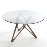 Modern Round Glass Desktop Dining Table Walnut Base for Dining Room