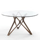 Modern Round Glass Desktop Dining Table Walnut Base for Dining Room