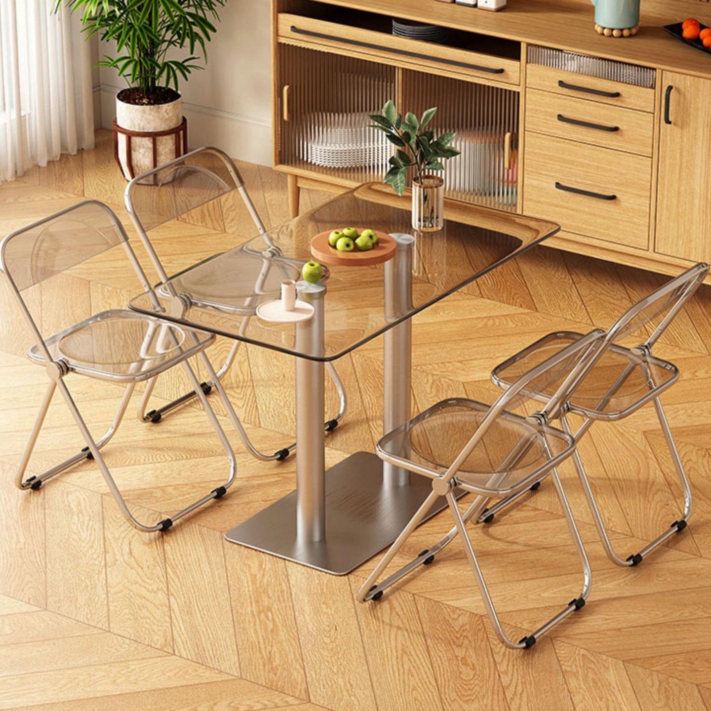 Modern Glass Desktop Geometric Dining Table Metal Base for Dining Room Clearhalo 'Dining Tables & Seating' 'Dining Tables' 'dining_table' 'furn' 'furn_dining_table' 'Furniture' 'Kitchen & Dining Furniture' 7519597