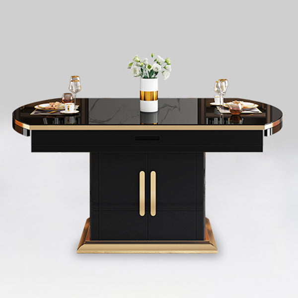 Modern Collapsible Glass Desktop Dining Table with Wooden Lockers