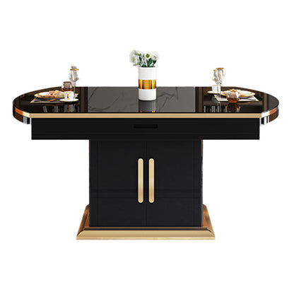 Modern Collapsible Glass Desktop Dining Table with Wooden Lockers