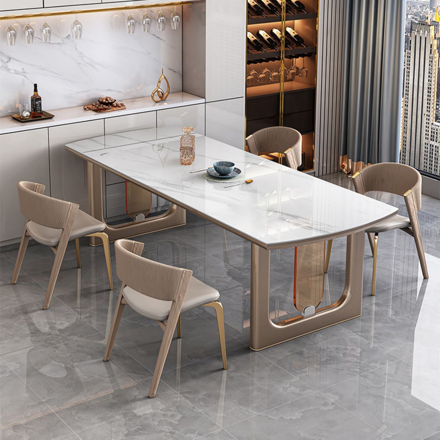 Hochglänzender weißer Stein -Esstisch Set für das Haus 02.01.5.
