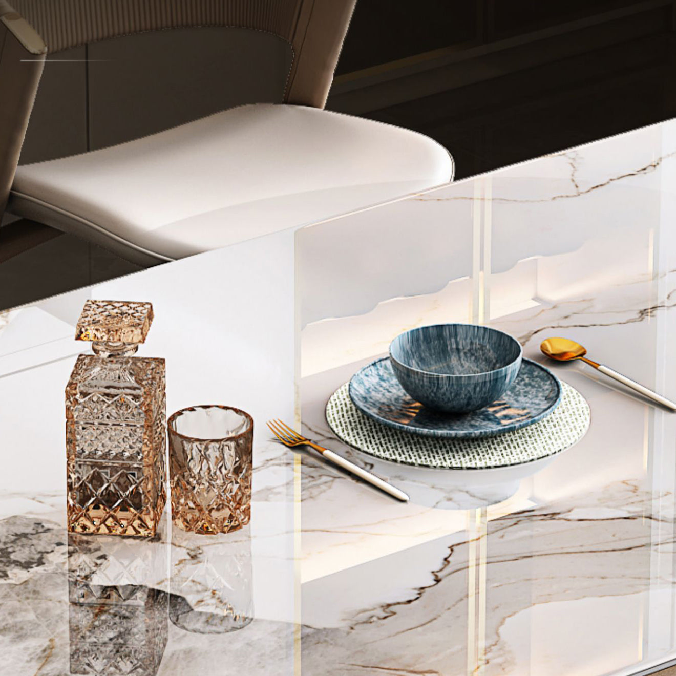 Hochglänzender weißer Stein -Esstisch Set für das Haus 02.01.5.