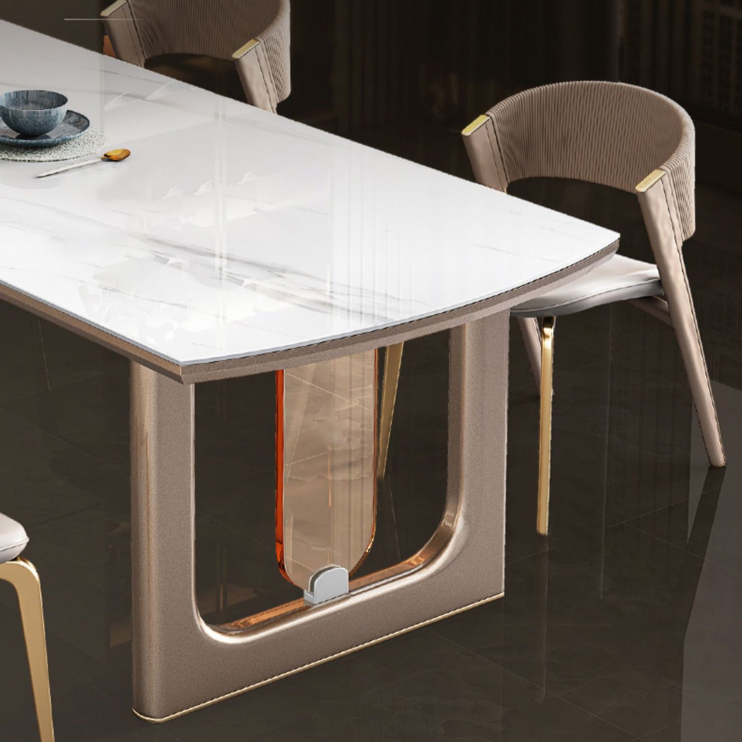 Hochglänzender weißer Stein -Esstisch Set für das Haus 02.01.5.