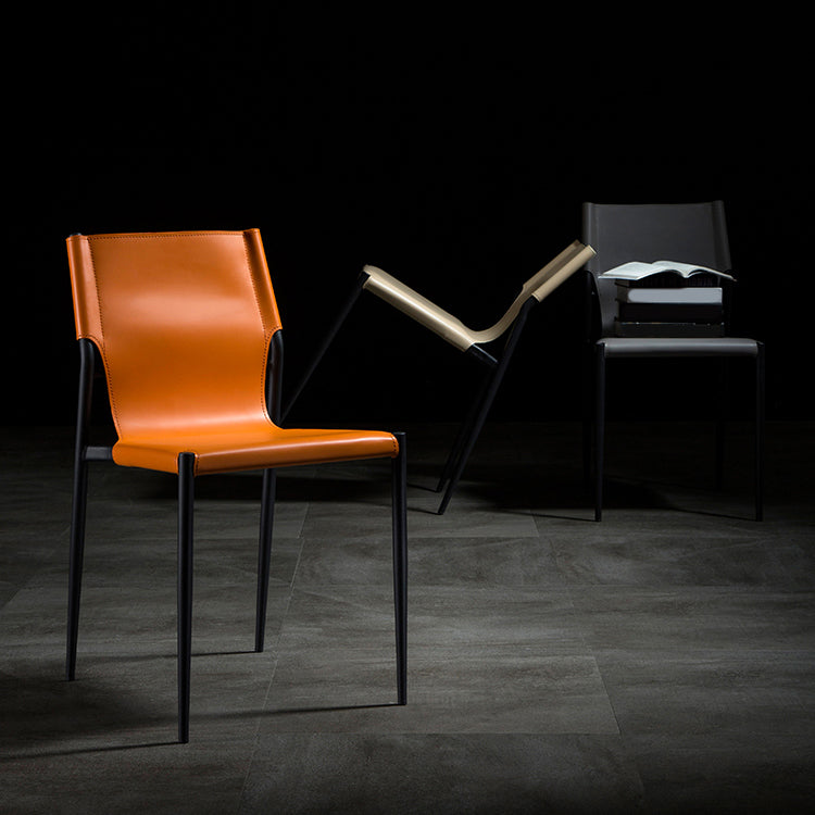Modern Armless Backrest Leather Chair with Metal Legs for Dining Room