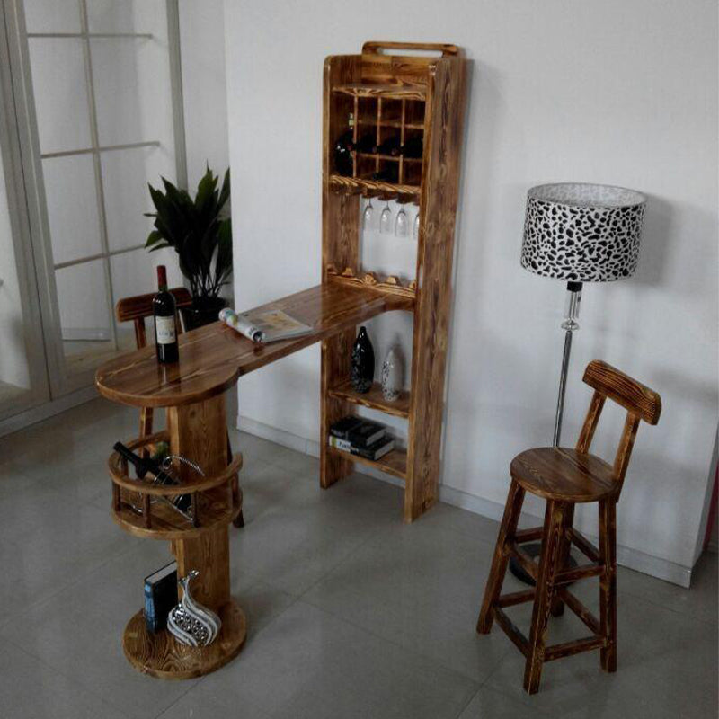 Brown Pine Wood Bistro Table with Wine Holder Pub Table for Home Clearhalo 'Bar Furniture' 'Bar Tables' 'bar_tables' 'furn' 'furn_bar_tables' 'Furniture' 'Kitchen & Dining Furniture' 7520468