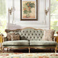 French Country Sofa Solid Wood Tufted Split-Back Settee for Living Room