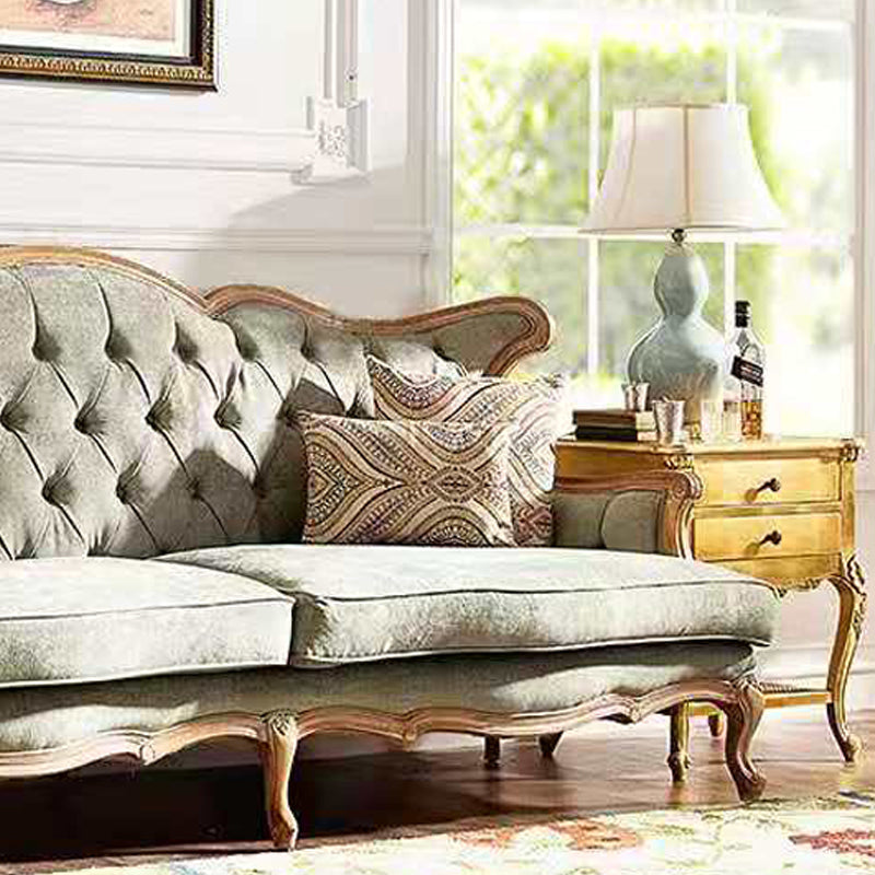 French Country Sofa Solid Wood Tufted Split-Back Settee for Living Room