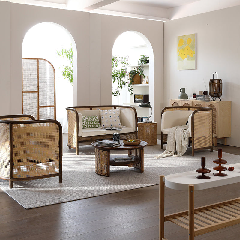 Beige Cushions Sofa in Rattan Accent Tropical Sofa with Tuxedo Arm