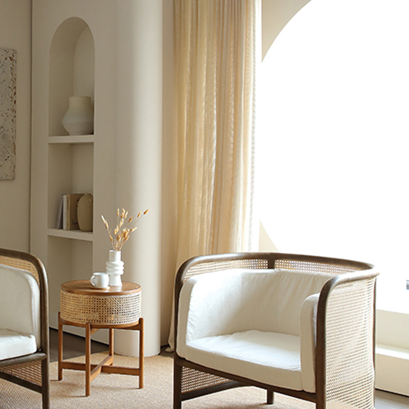 Beige Cushions Sofa in Rattan Accent Tropical Sofa with Tuxedo Arm