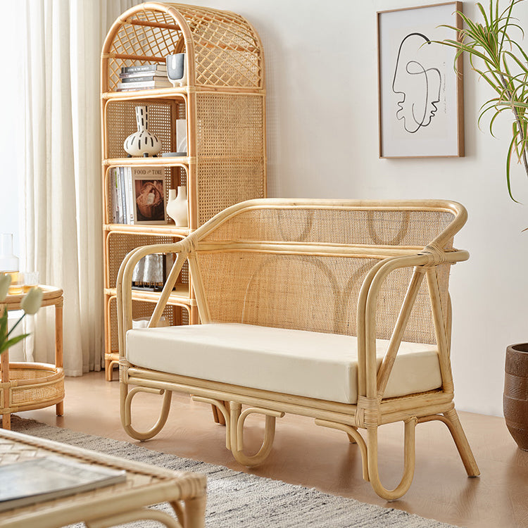 Solid Wood Sofa with Rattan Accent Tropical Living Room Sofa in Light Brone