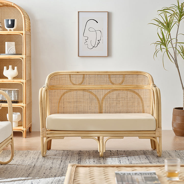 Solid Wood Sofa with Rattan Accent Tropical Living Room Sofa in Light Brone