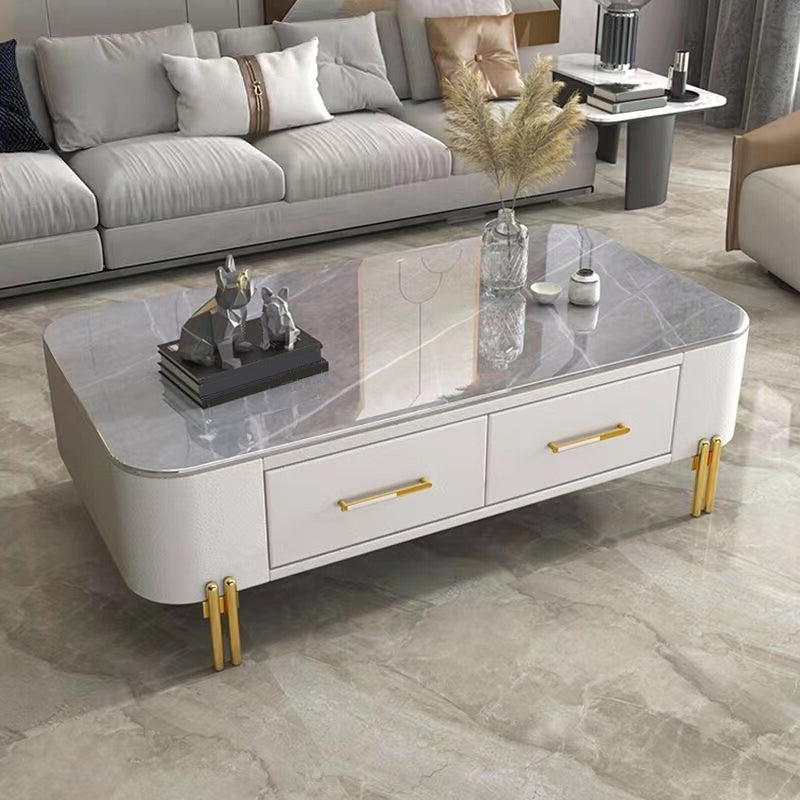 Rectangular Slate Top Coffee Table 4 Legs Cocktail Table with 2 Drawers Gray & White Clearhalo 'Coffee & Accent Tables' 'Coffee Tables' 'coffee_tables' 'furn' 'furn_coffee_tables' 'Furniture' 'Living Room Furniture' 7522968