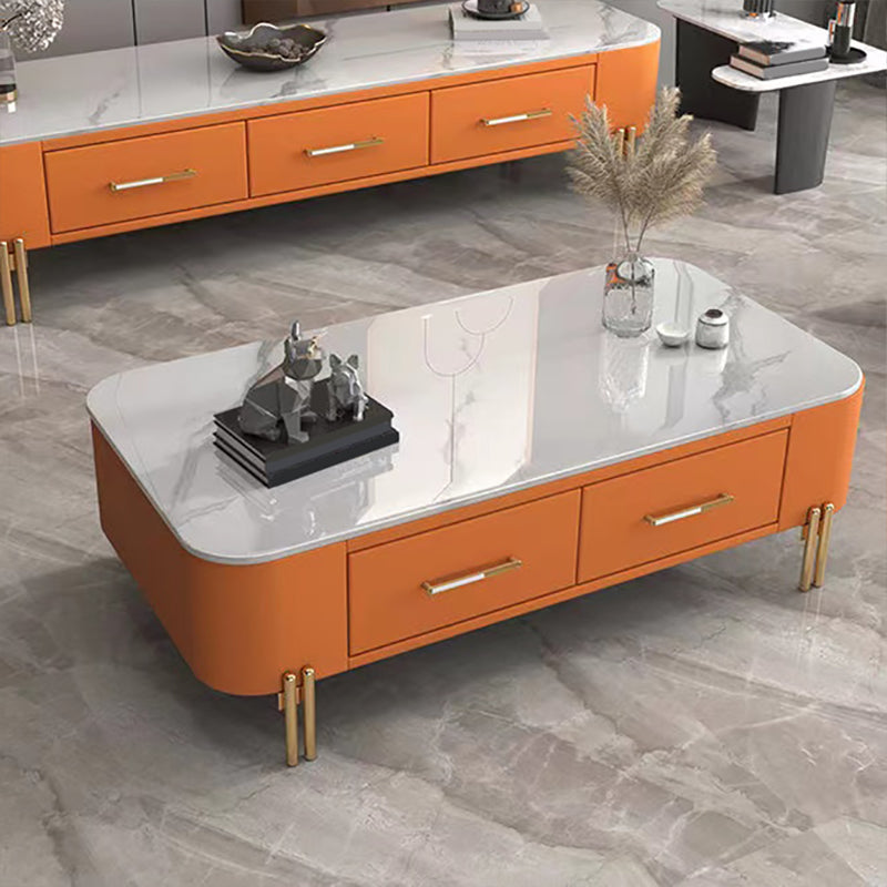 Rectangular Slate Top Coffee Table 4 Legs Cocktail Table with 2 Drawers White Orange Clearhalo 'Coffee & Accent Tables' 'Coffee Tables' 'coffee_tables' 'furn' 'furn_coffee_tables' 'Furniture' 'Living Room Furniture' 7522971