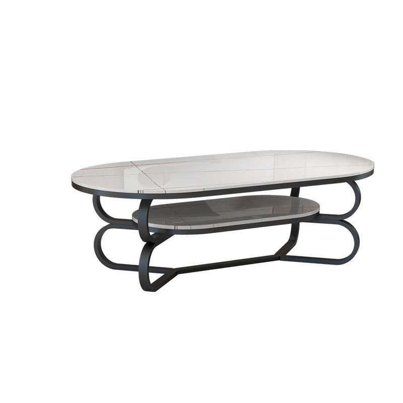 Metal Abstract Base Cocktail Table Oval Slate Top Coffee Table with Shelf Black-White Clearhalo 'Coffee & Accent Tables' 'Coffee Tables' 'coffee_tables' 'furn' 'furn_coffee_tables' 'Furniture' 'Living Room Furniture' 7523001