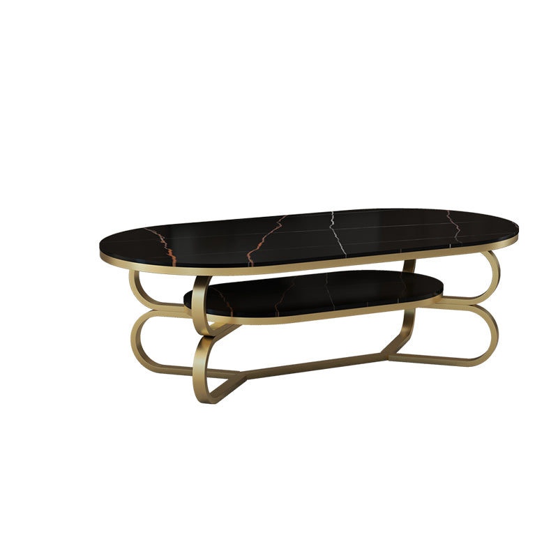 Metal Abstract Base Cocktail Table Oval Slate Top Coffee Table with Shelf Gold-Black Clearhalo 'Coffee & Accent Tables' 'Coffee Tables' 'coffee_tables' 'furn' 'furn_coffee_tables' 'Furniture' 'Living Room Furniture' 7523002