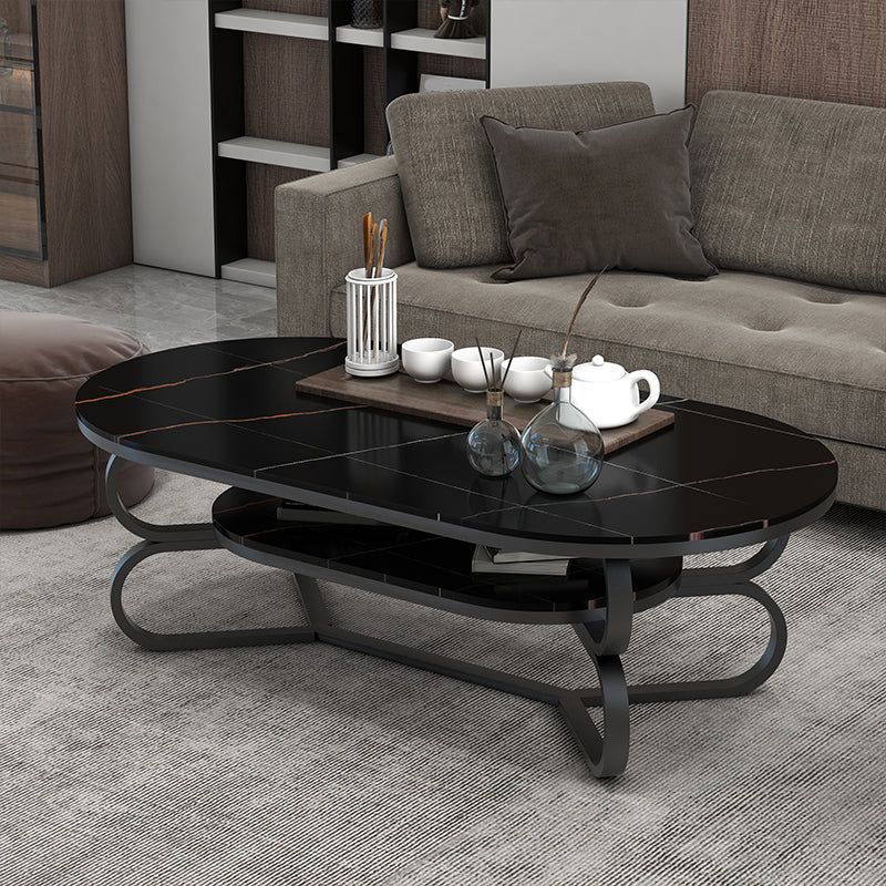 Metal Abstract Base Cocktail Table Oval Slate Top Coffee Table with Shelf Clearhalo 'Coffee & Accent Tables' 'Coffee Tables' 'coffee_tables' 'furn' 'furn_coffee_tables' 'Furniture' 'Living Room Furniture' 7523003
