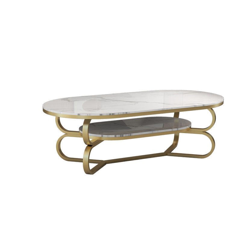 Metal Abstract Base Cocktail Table Oval Slate Top Coffee Table with Shelf Beige Gold Clearhalo 'Coffee & Accent Tables' 'Coffee Tables' 'coffee_tables' 'furn' 'furn_coffee_tables' 'Furniture' 'Living Room Furniture' 7523008