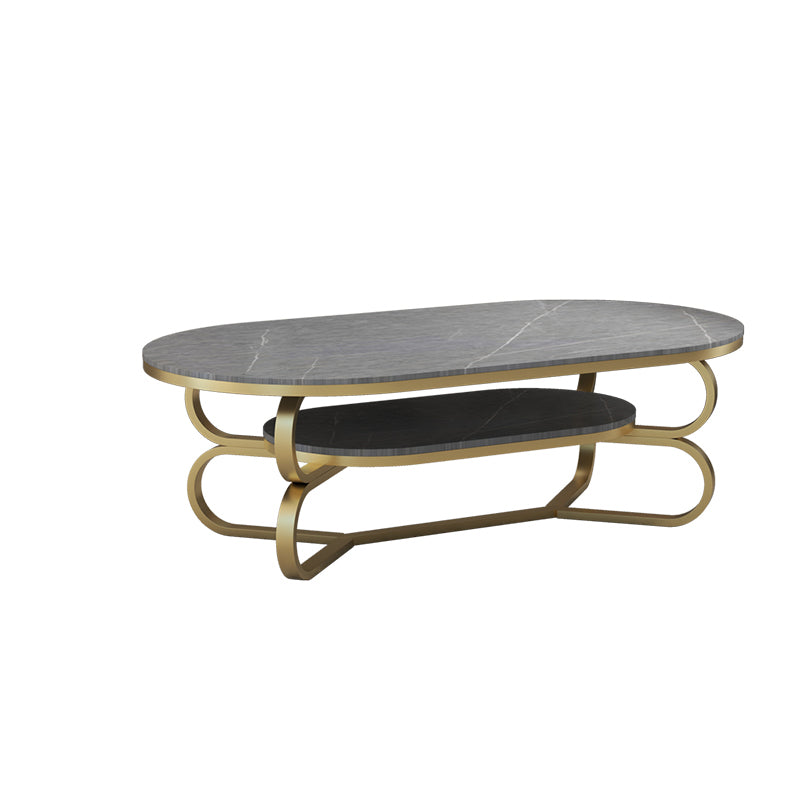 Metal Abstract Base Cocktail Table Oval Slate Top Coffee Table with Shelf Grey-Gold Clearhalo 'Coffee & Accent Tables' 'Coffee Tables' 'coffee_tables' 'furn' 'furn_coffee_tables' 'Furniture' 'Living Room Furniture' 7523011