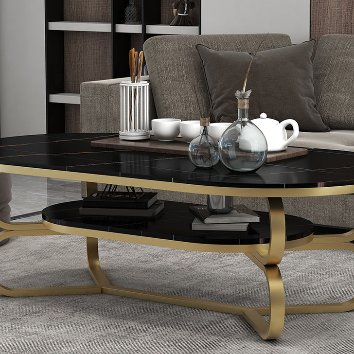 Metal Abstract Base Cocktail Table Oval Slate Top Coffee Table with Shelf Clearhalo 'Coffee & Accent Tables' 'Coffee Tables' 'coffee_tables' 'furn' 'furn_coffee_tables' 'Furniture' 'Living Room Furniture' 7523014