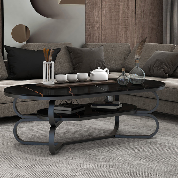 Metal Abstract Base Cocktail Table Oval Slate Top Coffee Table with Shelf Clearhalo 'Coffee & Accent Tables' 'Coffee Tables' 'coffee_tables' 'furn' 'furn_coffee_tables' 'Furniture' 'Living Room Furniture' 7523016