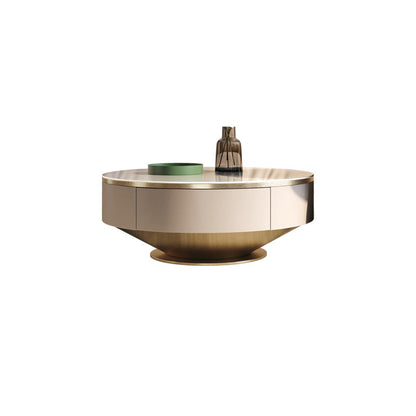 Round Pedestal Coffee Table Glam Stone Cocktail Table with 2 Drawers Gold Clearhalo 'Coffee & Accent Tables' 'Coffee Tables' 'coffee_tables' 'furn' 'furn_coffee_tables' 'Furniture' 'Living Room Furniture' 7523869