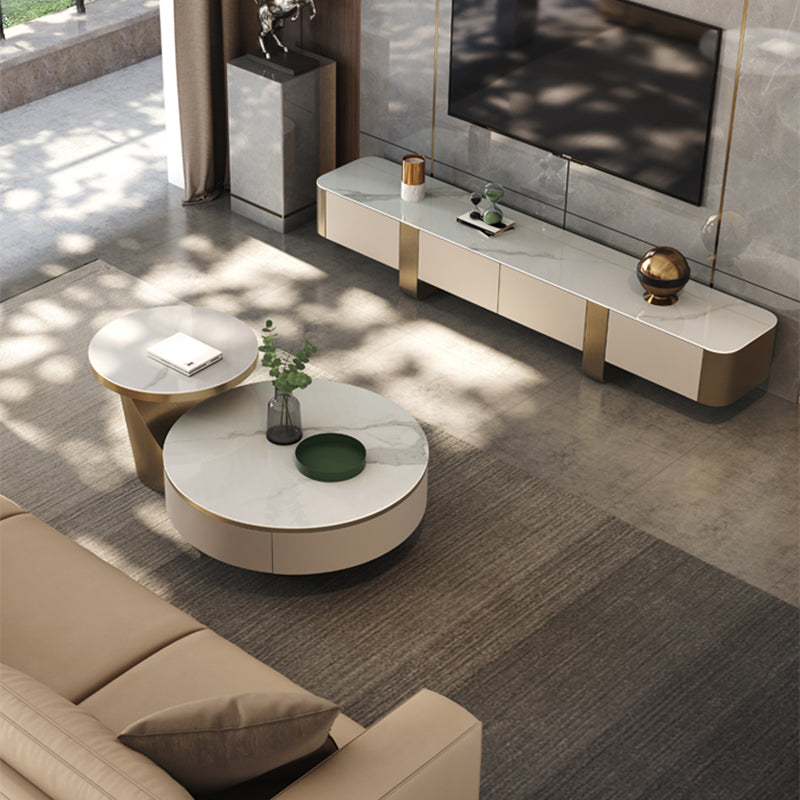 Round Pedestal Coffee Table Glam Stone Cocktail Table with 2 Drawers Clearhalo 'Coffee & Accent Tables' 'Coffee Tables' 'coffee_tables' 'furn' 'furn_coffee_tables' 'Furniture' 'Living Room Furniture' 7523871
