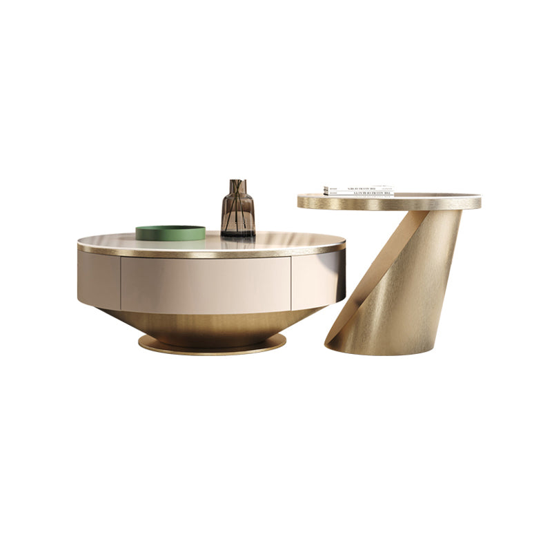 Round Pedestal Coffee Table Glam Stone Cocktail Table with 2 Drawers 31.5"L x 31.5"W x 14"H + 24"L x 24"W x 20"H Gold Clearhalo 'Coffee & Accent Tables' 'Coffee Tables' 'coffee_tables' 'furn' 'furn_coffee_tables' 'Furniture' 'Living Room Furniture' 7523874