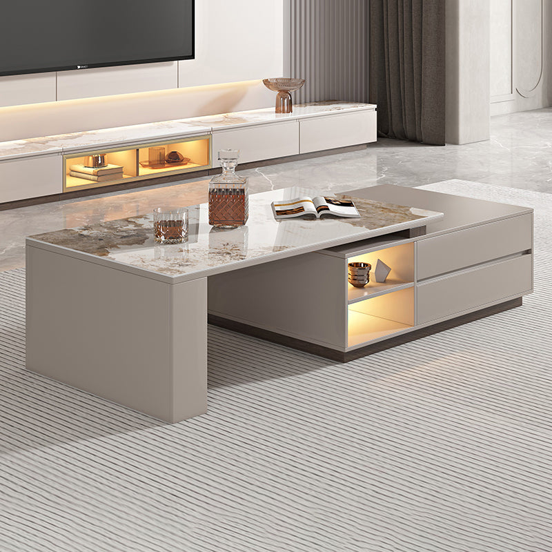 Glam Coffee Table Rectangle Stone Single Cocktail Table with Storage Drawers Brown Pandora Clearhalo 'Coffee & Accent Tables' 'Coffee Tables' 'coffee_tables' 'furn' 'furn_coffee_tables' 'Furniture' 'Living Room Furniture' 7523886