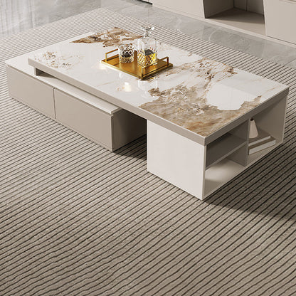 Rectangle Single Coffee Table Stone Cocktail Table with Storage Drawers