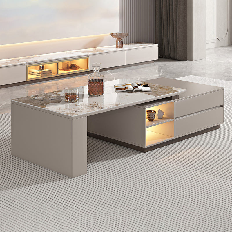 Rectangle Single Coffee Table Stone Cocktail Table with Storage Drawers