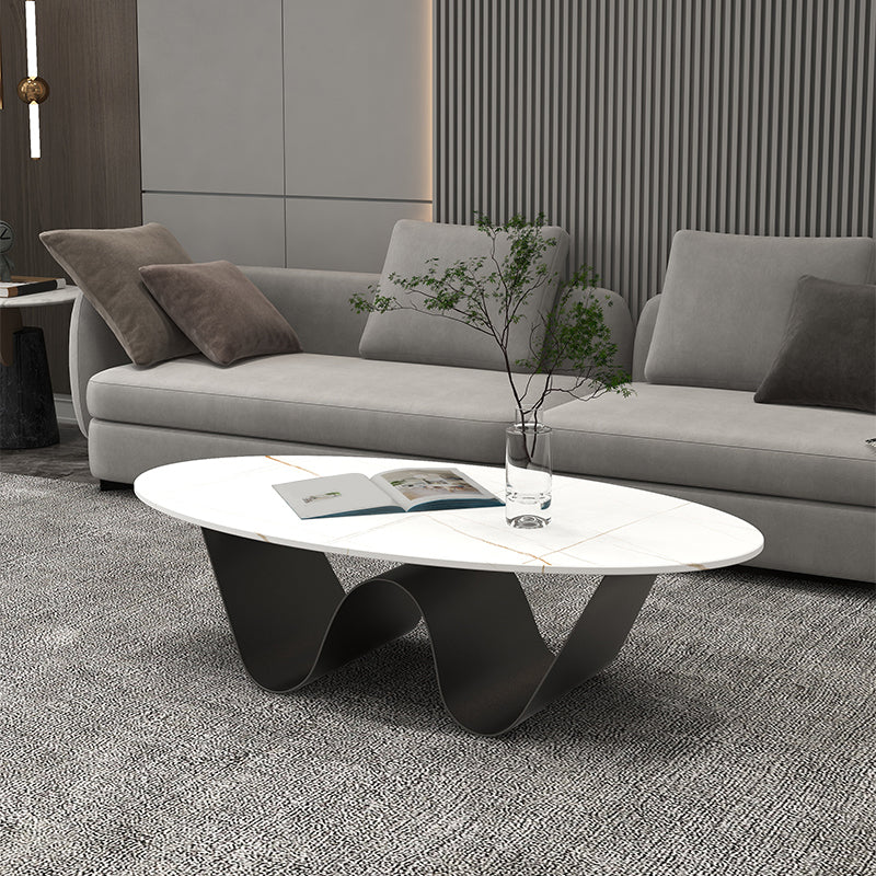 Metal Abstract Base Cocktail Table Glam Oval Slate Top Coffee Table