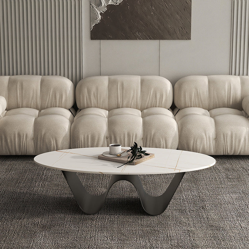 Metal Abstract Base Cocktail Table Glam Oval Slate Top Coffee Table