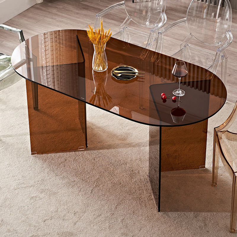 Modern Tempered Glass Dining Table Glass Base for Dining Room Oval Brown Clearhalo 'Dining Tables & Seating' 'Dining Tables' 'dining_table' 'furn' 'furn_dining_table' 'Furniture' 'Kitchen & Dining Furniture' 7531500