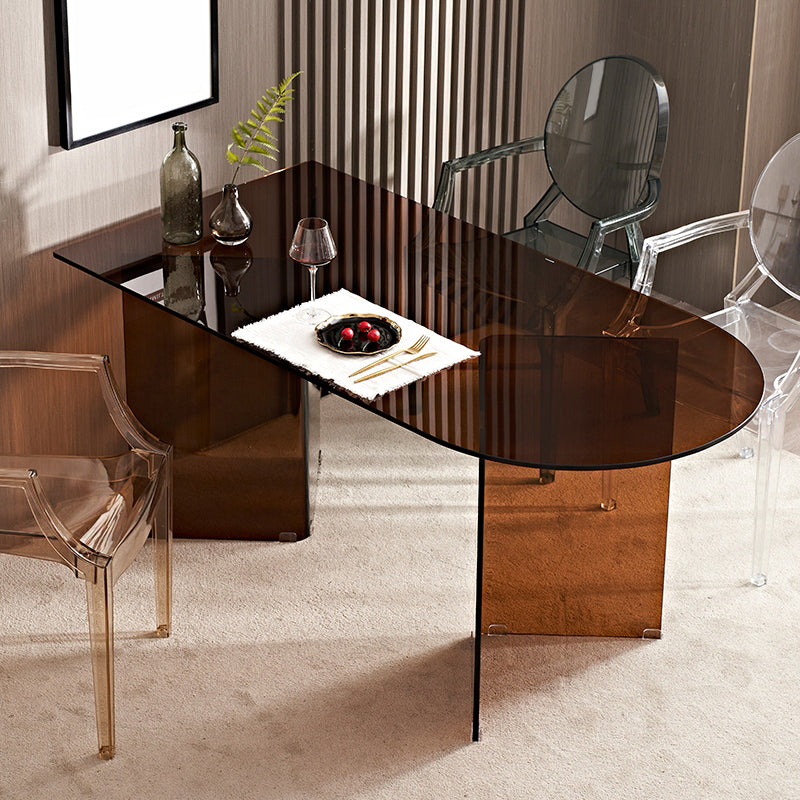 Modern Tempered Glass Dining Table Glass Base for Dining Room Free Form Brown Clearhalo 'Dining Tables & Seating' 'Dining Tables' 'dining_table' 'furn' 'furn_dining_table' 'Furniture' 'Kitchen & Dining Furniture' 7531512