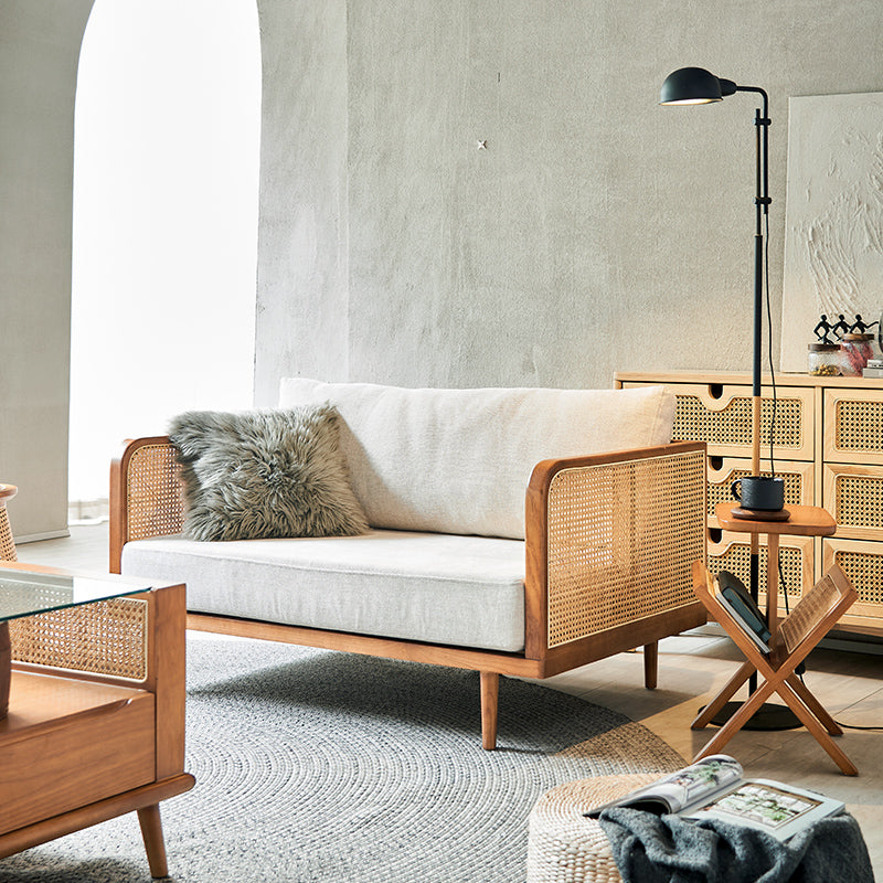 25,59 "hoher Leinensofa weißer Smoking -Arm -Sofa mit losen Rücken in festem Holz