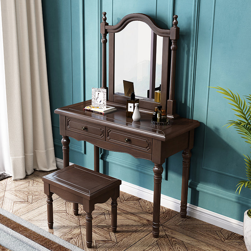 Victorian Solid Wood Vanity Makeup Dressing Table Stool Set with 2 Drawers Makeup Vanity & Mirror & Stools Walnut Clearhalo 'Bedroom Furniture' 'furn' 'furn_makeup_vanities' 'Furniture' 'Makeup Vanities' 'makeup_vanities' 7533439