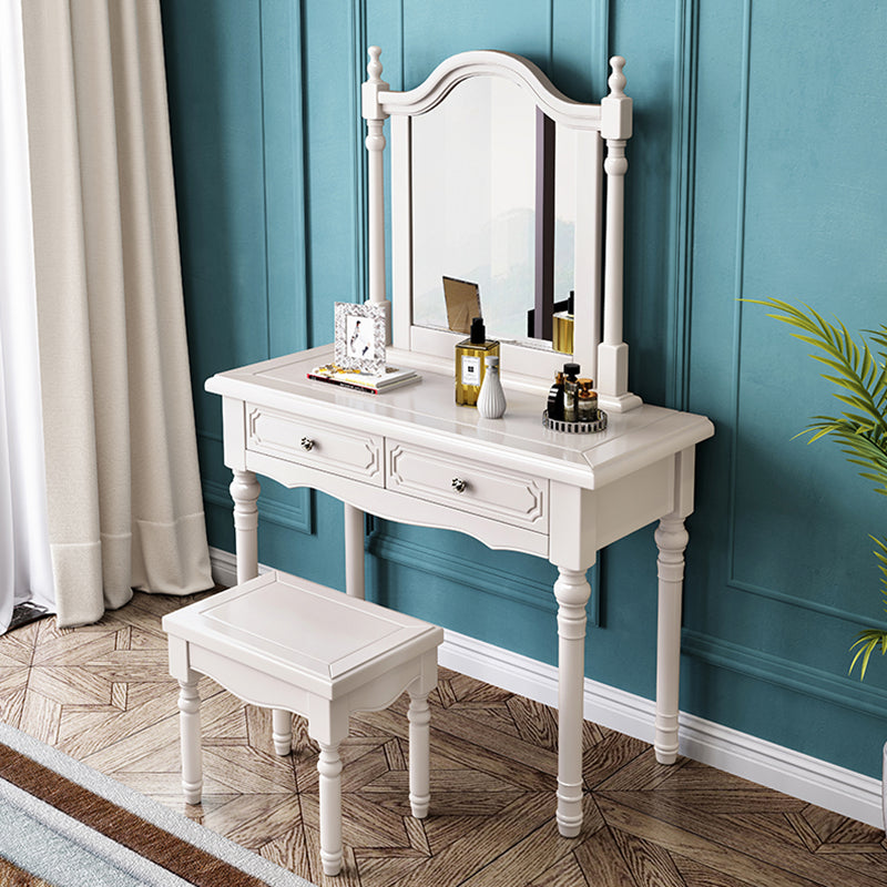 Victorian Solid Wood Vanity Makeup Dressing Table Stool Set with 2 Drawers Makeup Vanity & Mirror & Stools White Clearhalo 'Bedroom Furniture' 'furn' 'furn_makeup_vanities' 'Furniture' 'Makeup Vanities' 'makeup_vanities' 7533440