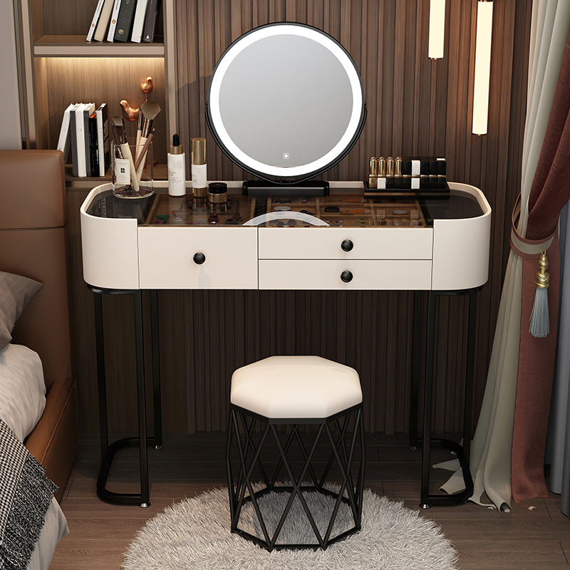 Contemporary Glass Top Make-up Vanity with Drawers in Wooden Frame