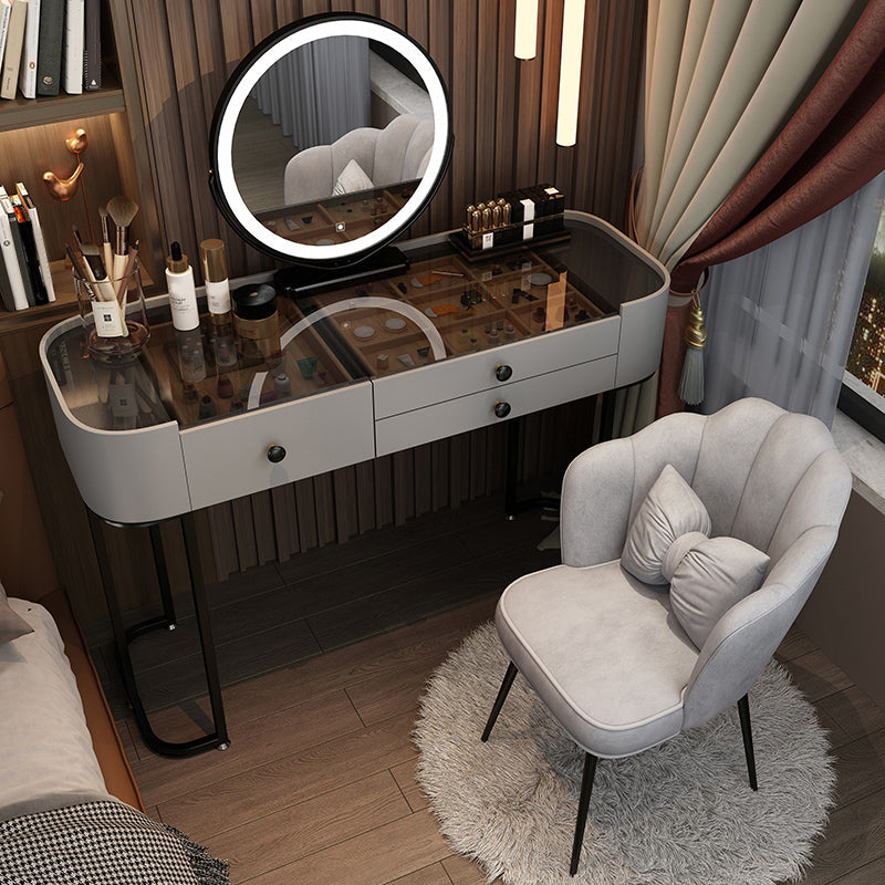 Contemporary Glass Top Make-up Vanity with Drawers in Wooden Frame
