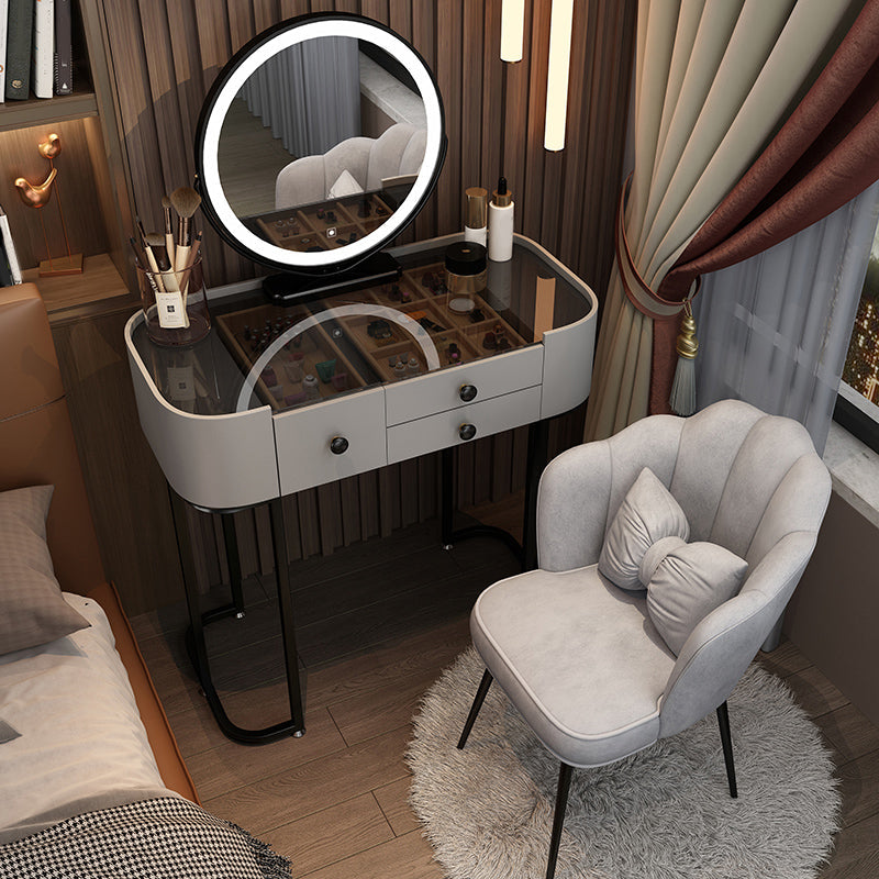 Contemporary Glass Top Make-up Vanity with Drawers in Wooden Frame