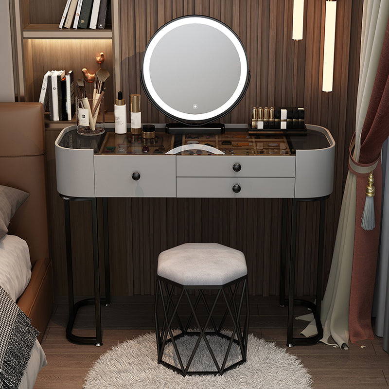 Contemporary Glass Top Make-up Vanity with Drawers in Wooden Frame