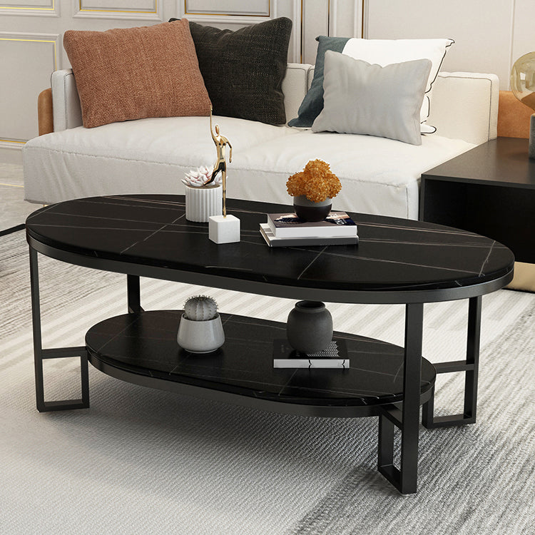 Oval Slate Top Coffee Table Iron 4 Legs Cocktail Table with Shelf Clearhalo 'Coffee & Accent Tables' 'Coffee Tables' 'coffee_tables' 'furn' 'furn_coffee_tables' 'Furniture' 'Living Room Furniture' 7534026