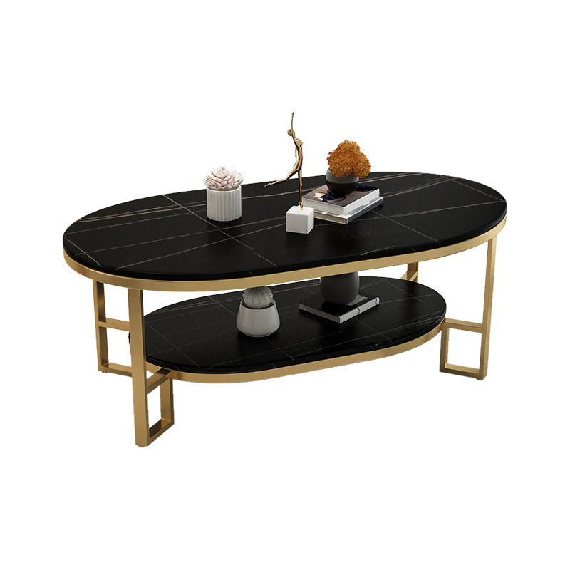 Oval Slate Top Coffee Table Iron 4 Legs Cocktail Table with Shelf Gold-Black Clearhalo 'Coffee & Accent Tables' 'Coffee Tables' 'coffee_tables' 'furn' 'furn_coffee_tables' 'Furniture' 'Living Room Furniture' 7534027